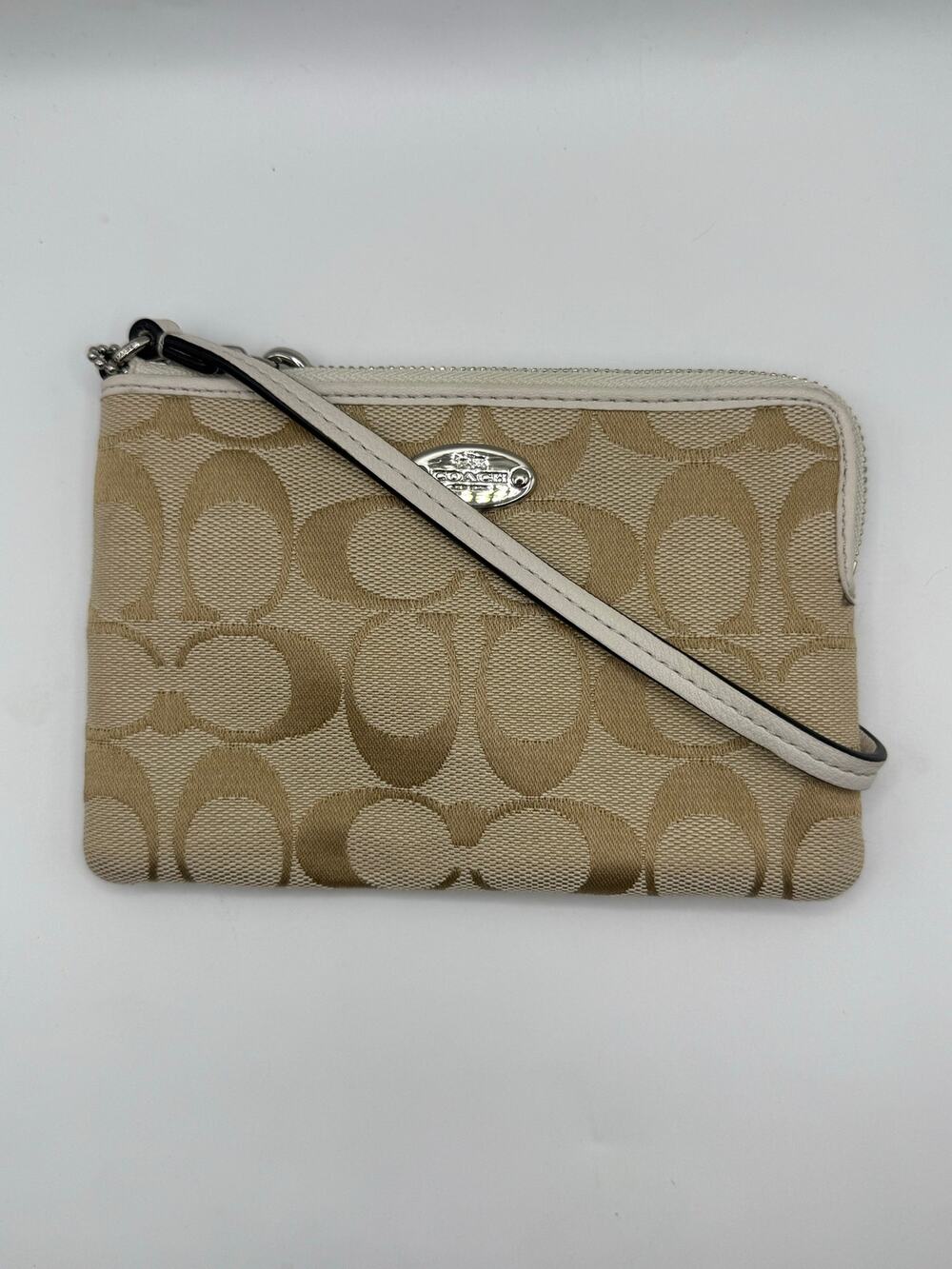 Khaki and Cream Coach Corner Zip Wristlet